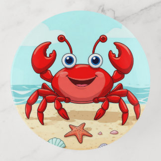 Cheerful Red Cartoon Crab on a Beach with Seashell Trinket Tray