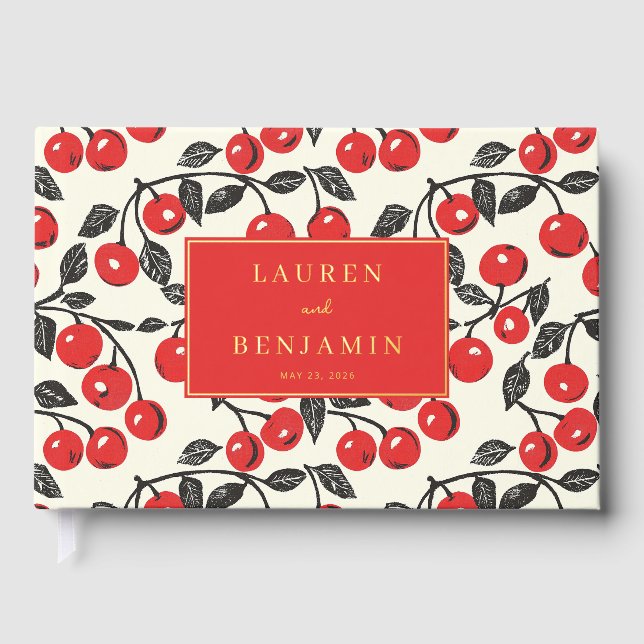 Cheerful Red Cherry Botanical Illustration Foil Guest Book (Front)