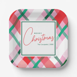 Cheerful Red Green Pink Christmas Plaid Paper Plates