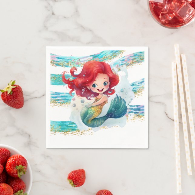 Cheerful Red-Haired Mermaid Striped Party Napkins (Insitu)