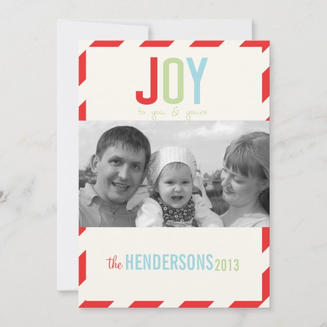 Cheerful Red Stripes Photo Christmas Card (Front)