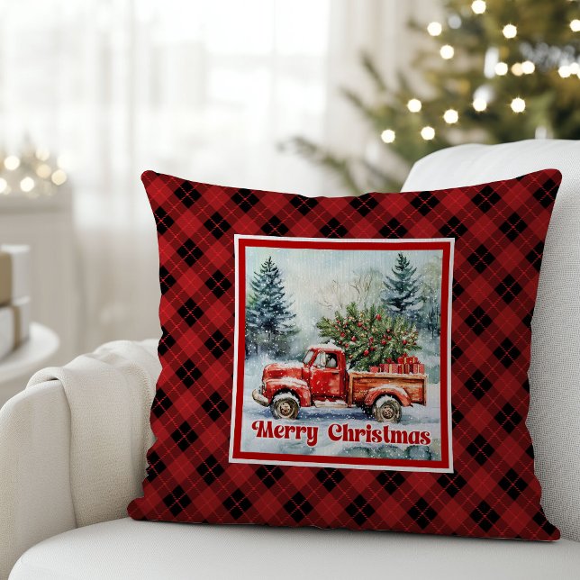 Cheerful red truck Christmas scene rustic bold  Throw Pillow (Cheerful red truck Christmas scene rustic bold pillow joy

)