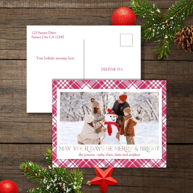 Cheerful Red White Christmas Plaid Photo Holiday Postcard (Creator Uploaded)