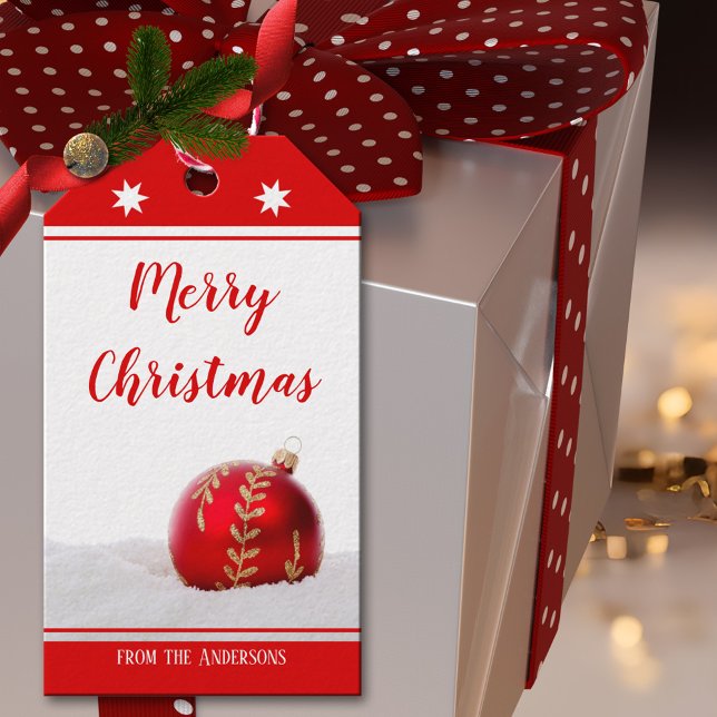 Cheerful Red White Merry Christmas Gift Tag (A classic festive Christmas gift tag featuring a red Christmas ball in snow in simple red and white)