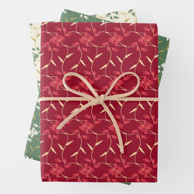 Cheerful Regal Floral Red and Green  Wrapping Paper Sheets (In situ)