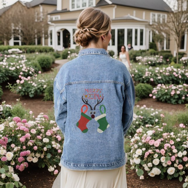 Cheerful Reindeer Greetings Merry Christmas Hohoho Denim Jacket (Wedding Back)