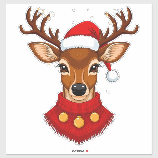 Cheerful Reindeer With Santa Hat Sticker (Sheet)