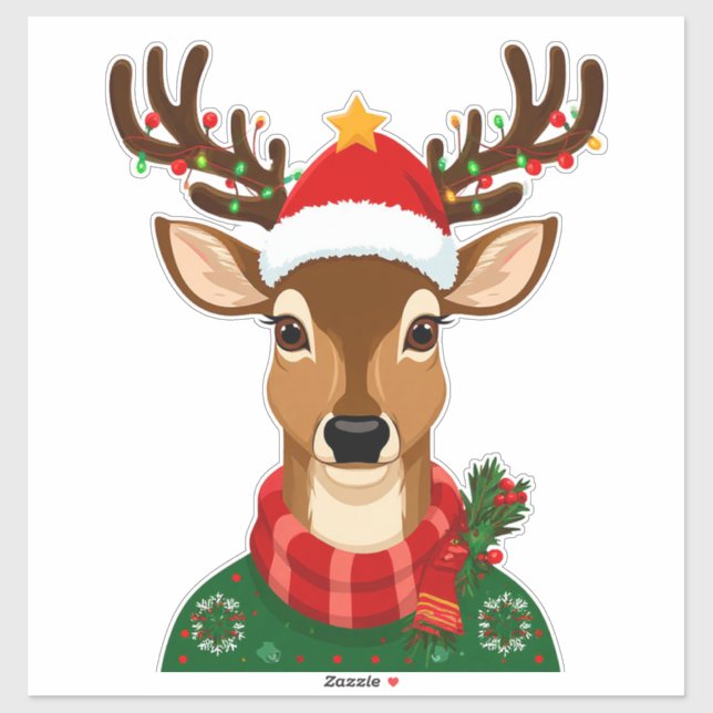Cheerful Reindeer With Santa Hat Sticker (Sheet)