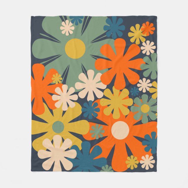 Cheerful Retro 60s 70s Flowers Floral Pattern Fleece Blanket (Front)