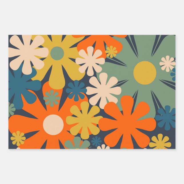 Cheerful Retro 60s 70s Flowers Floral Pattern Wrapping Paper Sheets (Front 3)