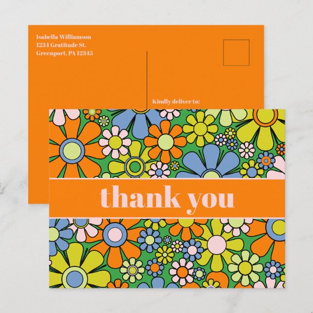 Cheerful Retro 60s Floral Thank You Postcard (Front/Back)