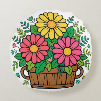 Cheerful Retro Floral Wooden Planter Round Pillow