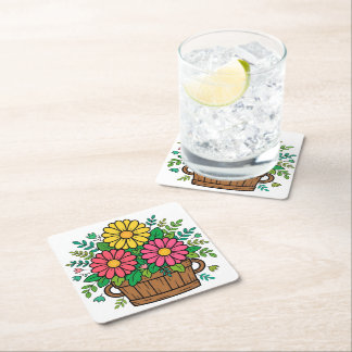 Cheerful Retro Floral Wooden Planter Square Paper Coaster