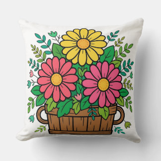 Cheerful Retro Floral Wooden Planter Throw Pillow