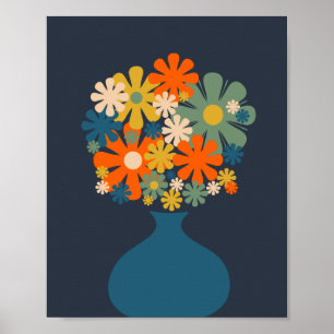 Cheerful Retro Flowers in a Blue Vase Poster