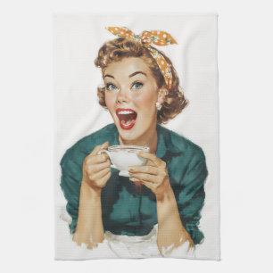 Cheerful Retro Woman Enjoying Coffee Kitchen Towel
