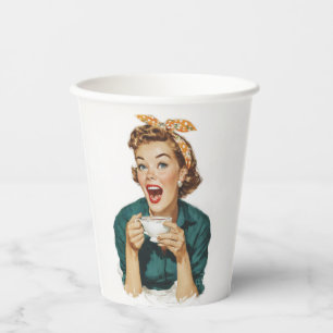 Cheerful Retro Woman Enjoying Coffee Paper Cups