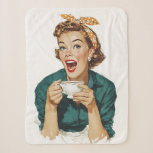 Cheerful Retro Woman Enjoying Coffee Sherpa Blanket