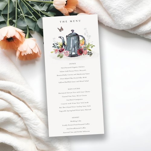 Cheerful Roses Floral Teapot Wedding Menu Card