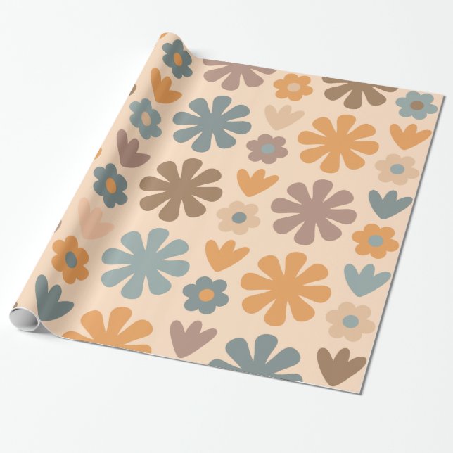 Cheerful Rustic Retro Scandinavian Floral Pattern  Wrapping Paper (Unrolled)