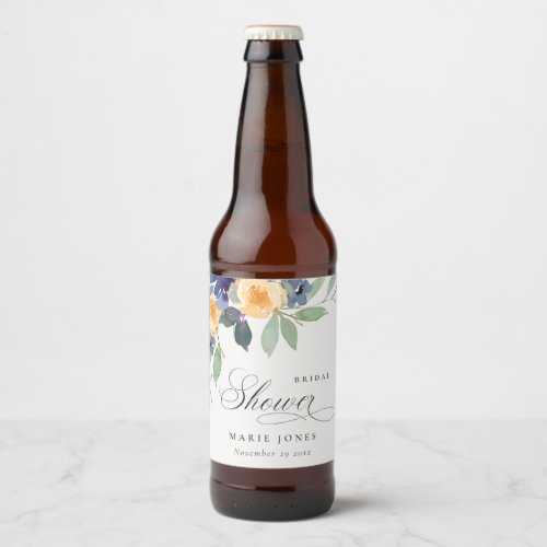 Cheerful Rustic Yellow Blue Floral Bridal Shower Beer Bottle Label