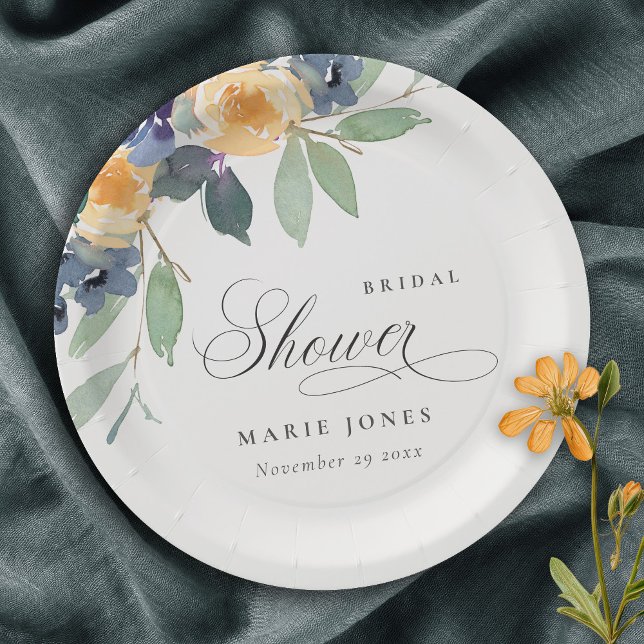 Cheerful Rustic Yellow Blue Floral Bridal Shower Paper Plates (Creator Uploaded)