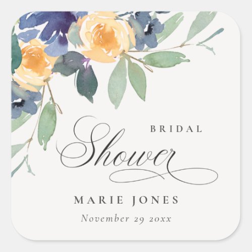 Cheerful Rustic Yellow Blue Floral Bridal Shower  Square Sticker