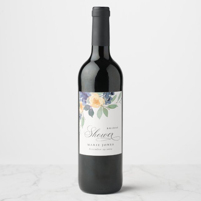 Cheerful Rustic Yellow Blue Floral Bridal Shower Wine Label (Front)