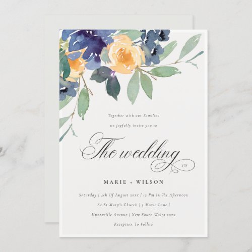 Cheerful Rustic Yellow Blue Floral Wedding Invite