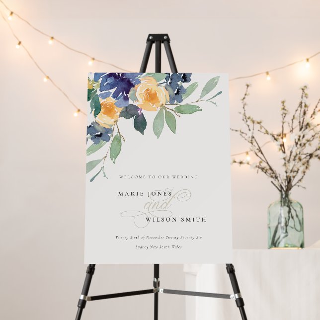 Cheerful Rustic Yellow Blue Floral Wedding Welcome Foam Board (In Situ (Stand))