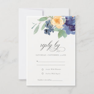 Cheerful Rustic Yellow Blue Rose Floral Wedding RSVP Card