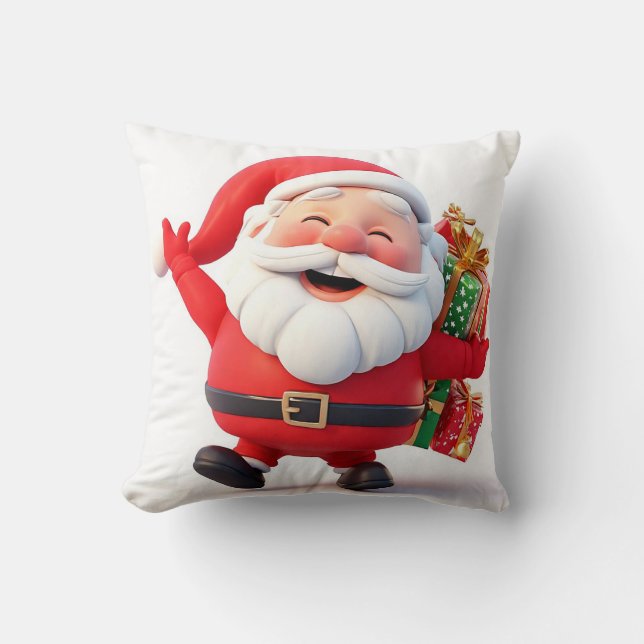 Cheerful Santa Claus Carrying Festive Gifts Throw Pillow (Front)