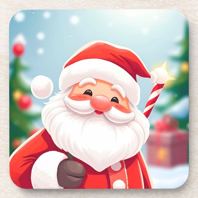 Cheerful Santa Claus Holding a Candy Cane Beverage Coaster (Front)