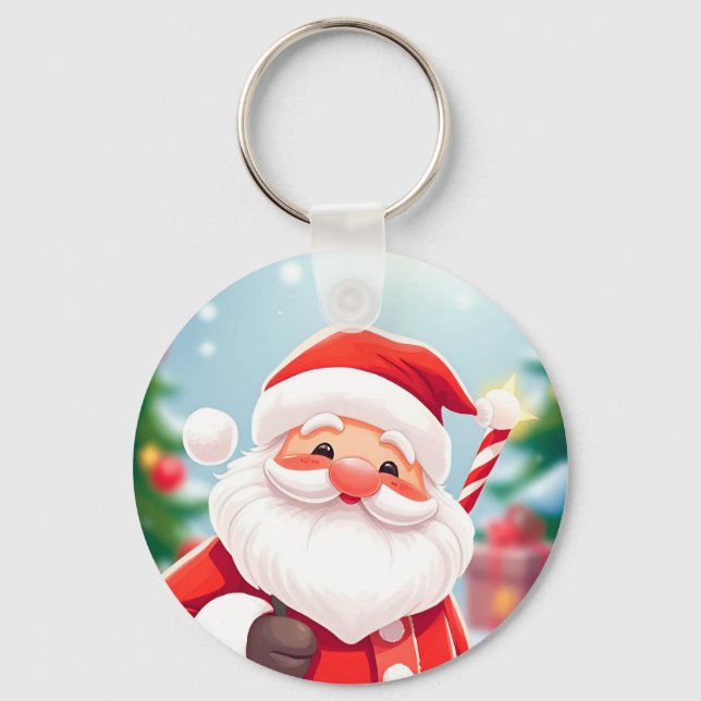Cheerful Santa Claus Holding a Candy Cane Keychain (Front)