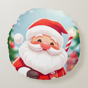 Cheerful Santa Claus Holding a Candy Cane Round Pillow