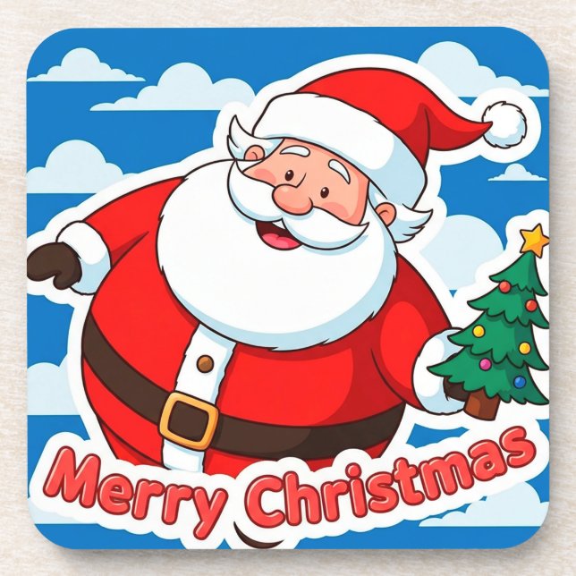 Cheerful Santa Claus Holding a Tiny Christmas Tree Beverage Coaster (Front)