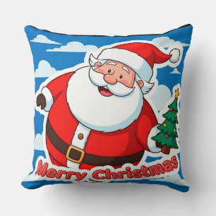 Cheerful Santa Claus Holding a Tiny Christmas Tree Throw Pillow