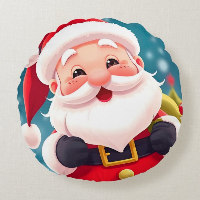 Cheerful Santa Claus Illustration Celebrating Round Pillow (Front)