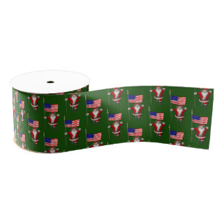 Cheerful Santa Claus Marching With US Flag Grosgrain Ribbon