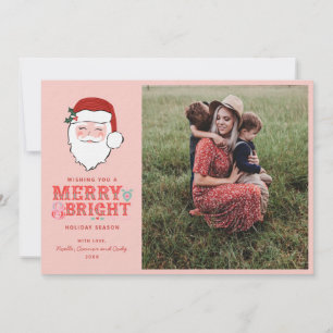 Cheerful Santa Face Merry & Bright Photo Holiday Card