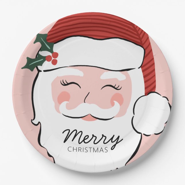 Cheerful Santa Face | Merry Christmas  Paper Plates (Front)