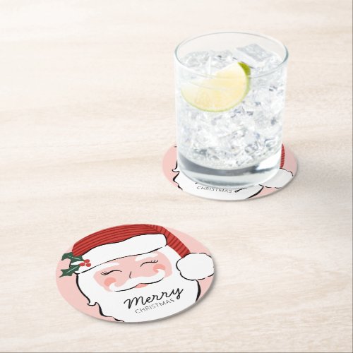 Cheerful Santa Face  Merry Christmas  Round Paper Coaster