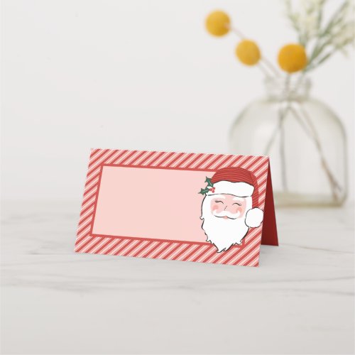 Cheerful Santa Face  Pink and Red Stripe Place Card