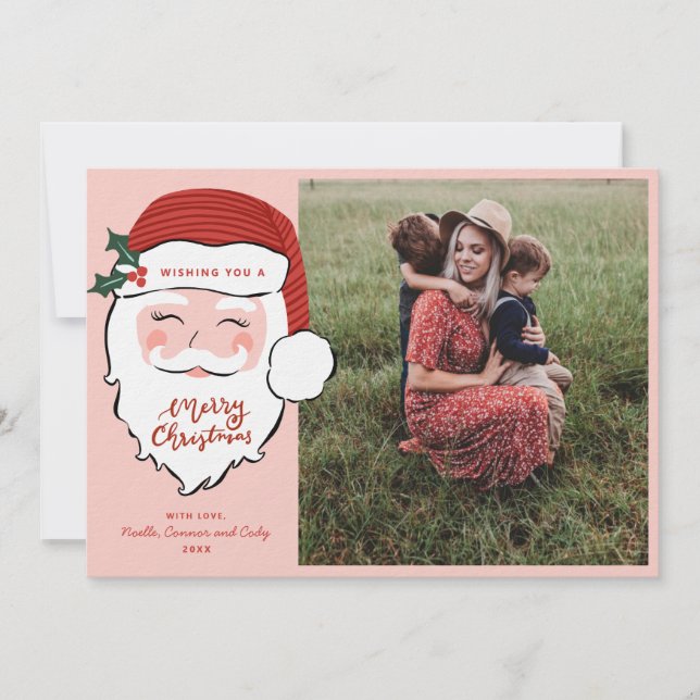 Cheerful Santa Face | Pink Christmas  | Photo  Holiday Card (Front)