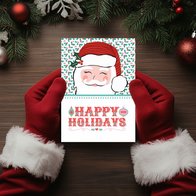 Cheerful Santa Happy Holidays | Pink and Red Holly Holiday Card (Creator Uploaded)