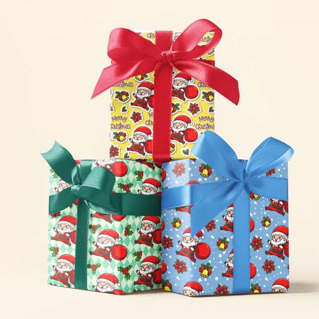 Cheerful Santa Holly Bells Merry Christmas Pattern Wrapping Paper Sheets (Creator Uploaded)