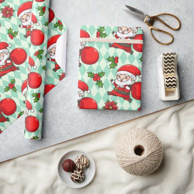 Cheerful Santa Holly Christmas Holidays Pattern Wrapping Paper (Crafts)