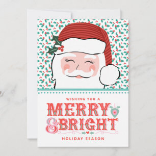 Cheerful Santa Merry & Bright Pink and Red Holly Holiday Card
