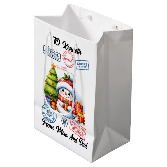 Cheerful Santa Sack With Festive Holiday Snowman Medium Gift Bag (Front Angled)