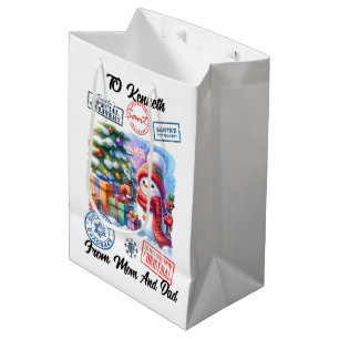 Cheerful Santa Sack With Holiday Snowman Medium Gift Bag